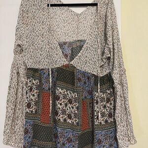 Three Bird Nest Cream Patchwork Boho Tunic with Blue and Rust Accents